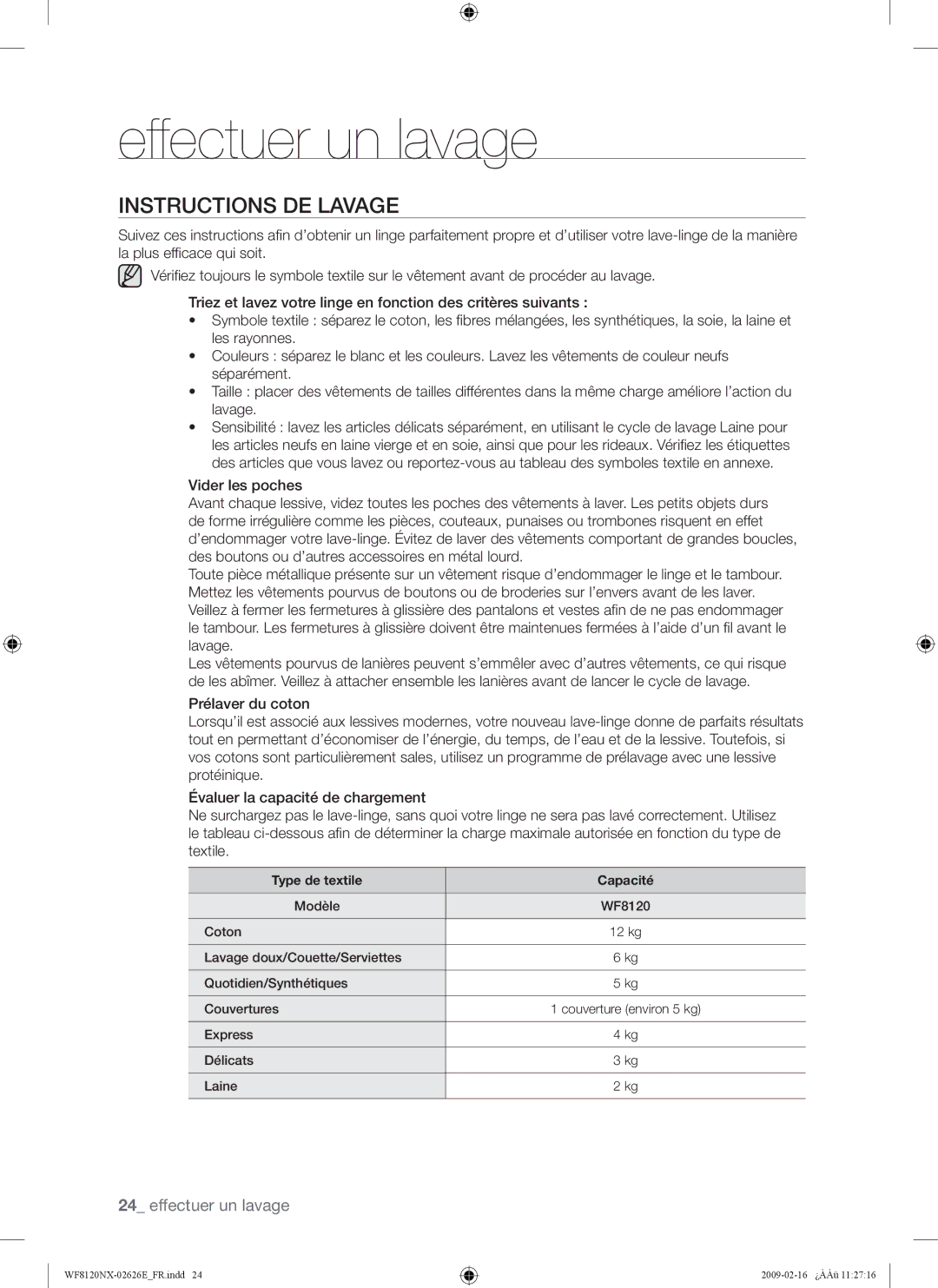 Samsung WF8120NXW/XEF manual Instructions DE Lavage, Type de textile Capacité 