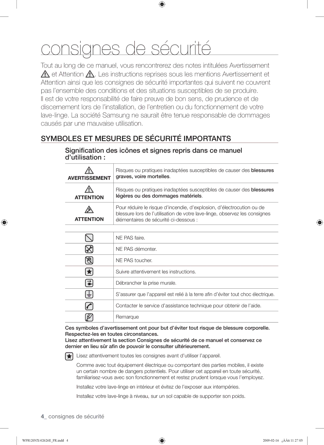 Samsung WF8120NXW/XEF manual Consignes de sécurité, Symboles ET Mesures DE Sécurité Importants 