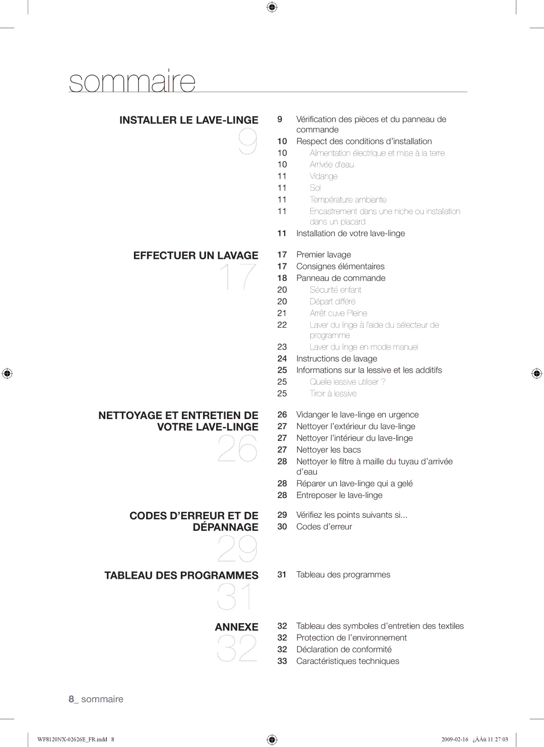 Samsung WF8120NXW/XEF manual Sommaire, Installer LE LAVE-LINGE 