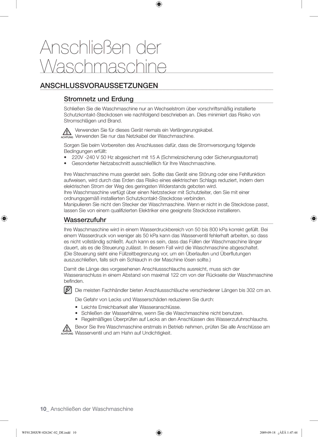 Samsung WF8120SXW/XEG manual Anschlussvoraussetzungen, Stromnetz und Erdung, Wasserzufuhr 