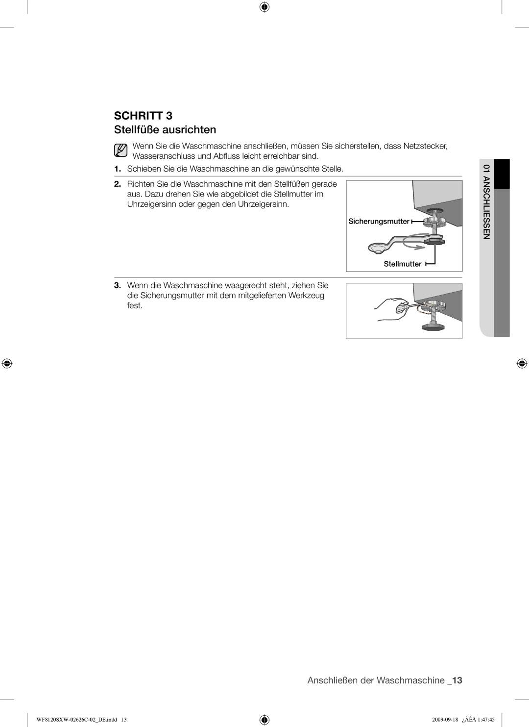 Samsung WF8120SXW/XEG manual Stellfüße ausrichten, Fest 