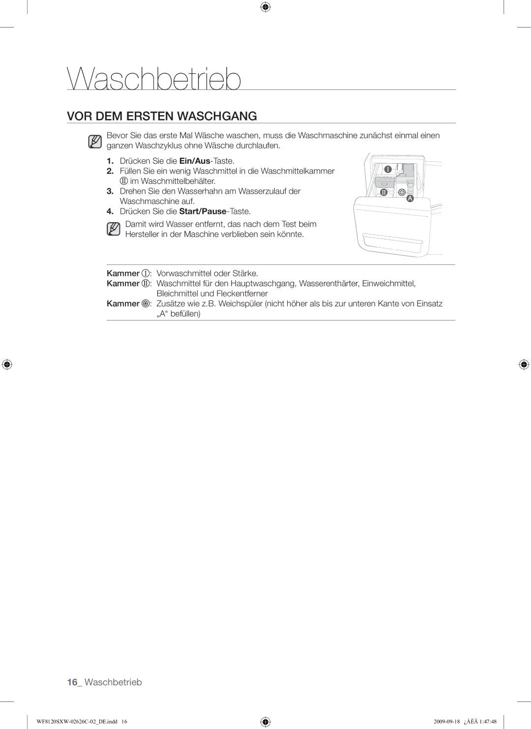 Samsung WF8120SXW/XEG manual Waschbetrieb, VOR DEM Ersten Waschgang 