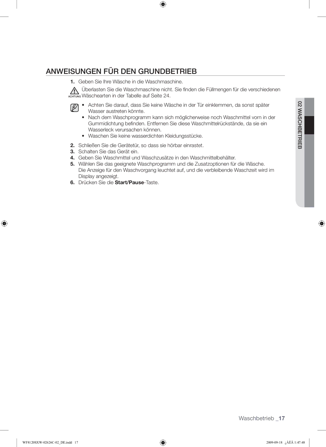 Samsung WF8120SXW/XEG manual Anweisungen FÜR DEN Grundbetrieb 