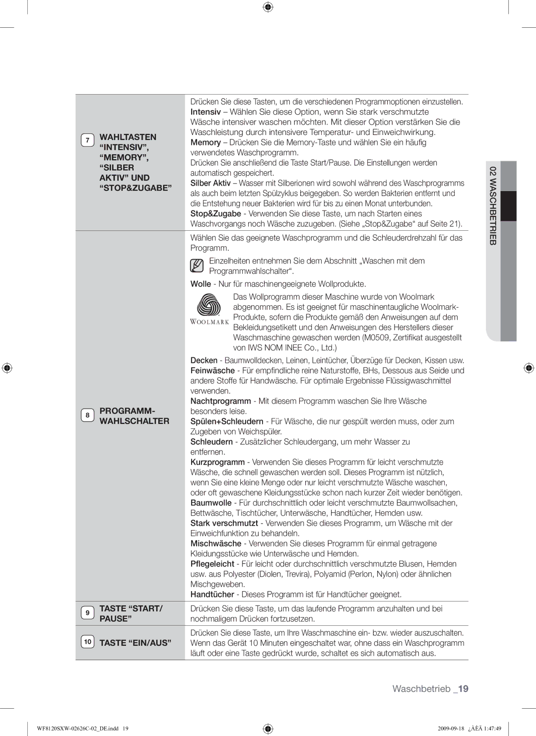 Samsung WF8120SXW/XEG manual Wahltasten, Intensiv, Memory, Silber, Aktiv UND, Stop&Zugabe, Programm, Wahlschalter 