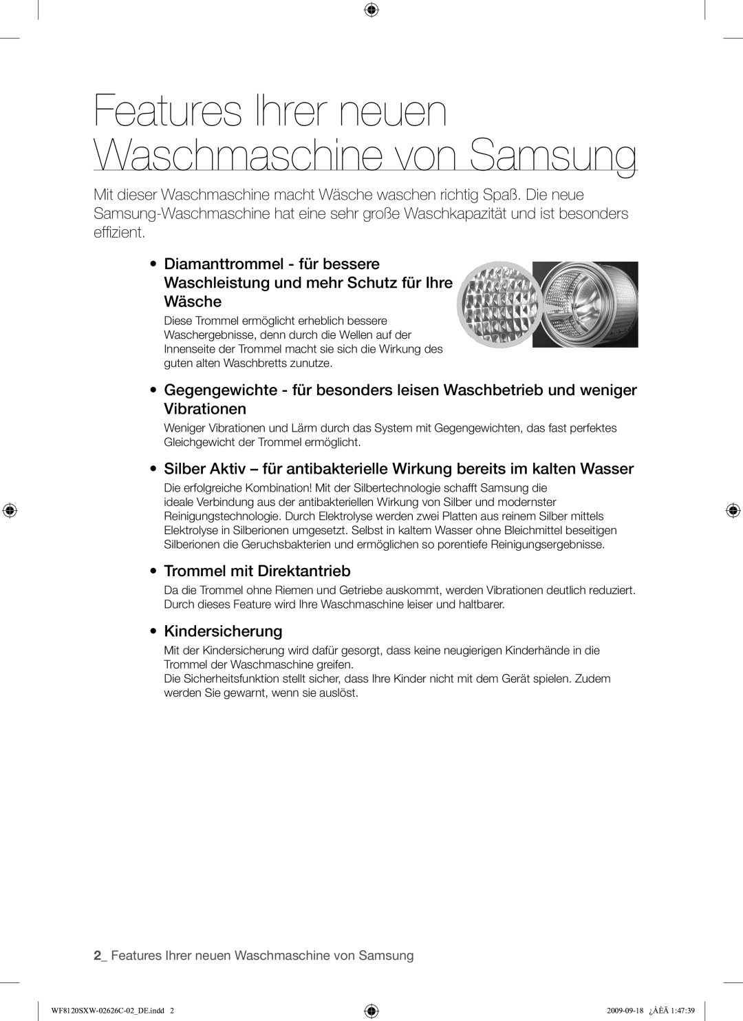 Samsung WF8120SXW/XEG manual Trommel mit Direktantrieb, Kindersicherung 