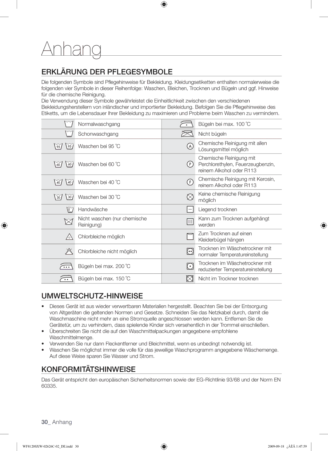 Samsung WF8120SXW/XEG manual Anhang, Erklärung DER Pflegesymbole, Umweltschutz-Hinweise, Konformitätshinweise 