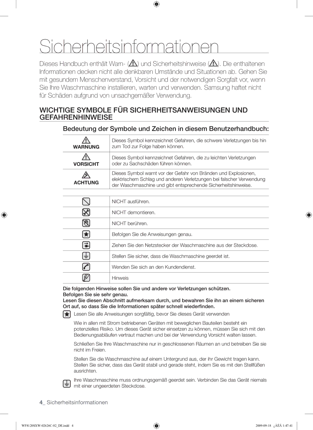 Samsung WF8120SXW/XEG manual Sicherheitsinformationen, Warnung, Vorsicht, Achtung 