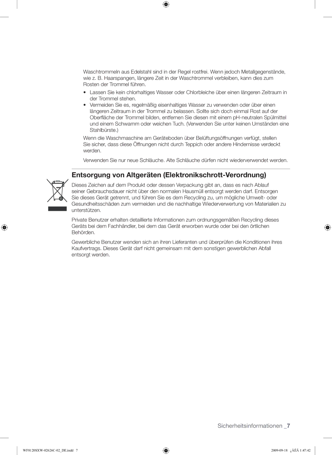 Samsung WF8120SXW/XEG manual Entsorgung von Altgeräten Elektronikschrott-Verordnung 