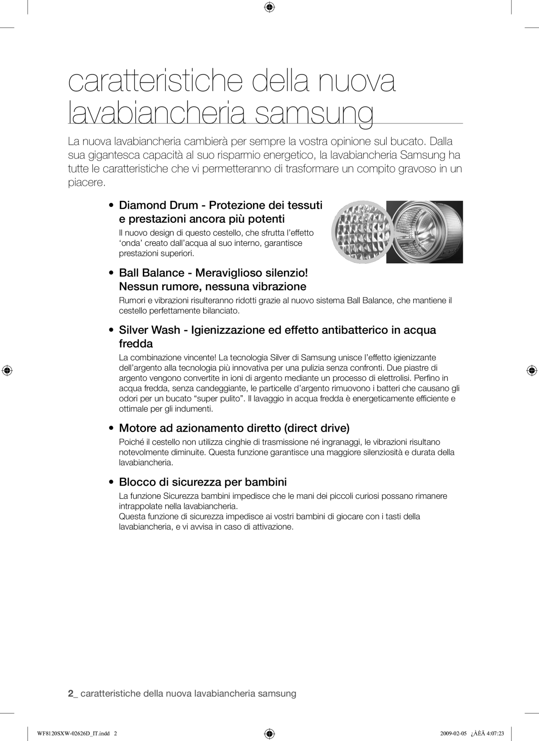 Samsung WF8120SXW/XET manual Motore ad azionamento diretto direct drive, Blocco di sicurezza per bambini 