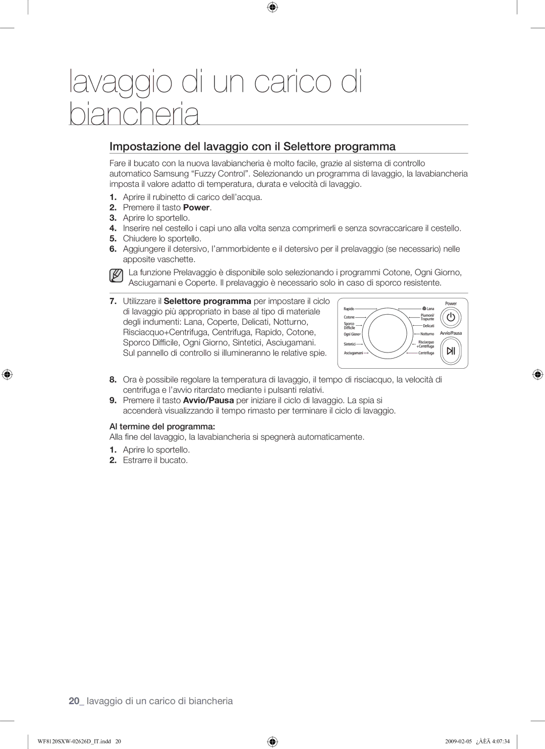 Samsung WF8120SXW/XET manual Impostazione del lavaggio con il Selettore programma 