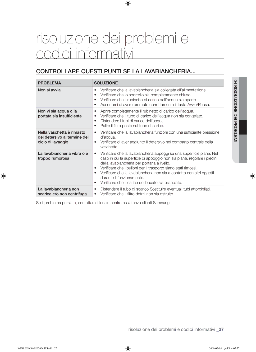 Samsung WF8120SXW/XET manual Controllare Questi Punti SE LA Lavabiancheria, Problema Soluzione 