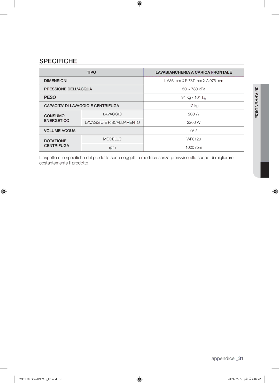 Samsung WF8120SXW/XET manual Specifiche, Peso 