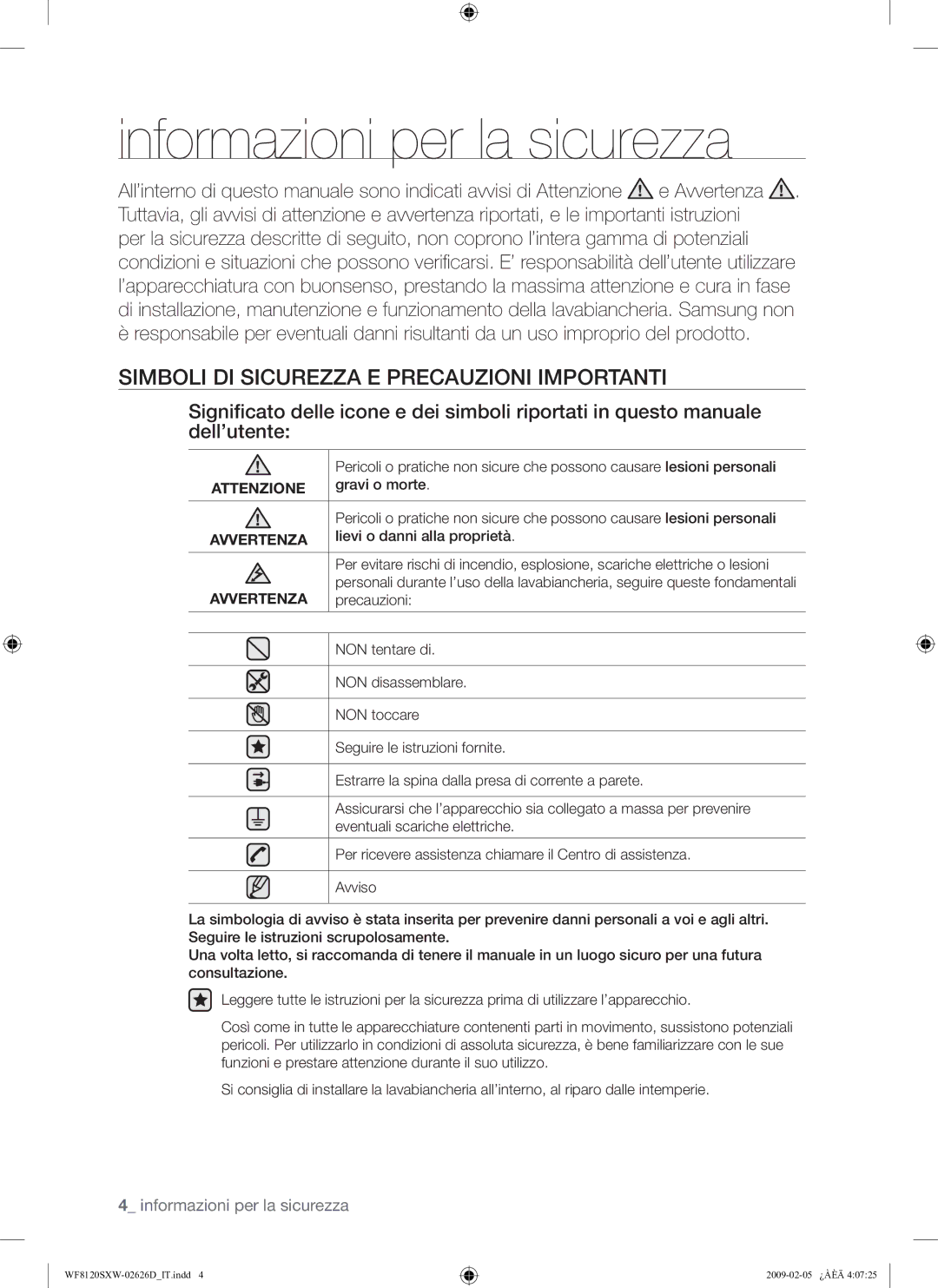 Samsung WF8120SXW/XET Informazioni per la sicurezza, Simboli DI Sicurezza E Precauzioni Importanti, Attenzione, Avvertenza 