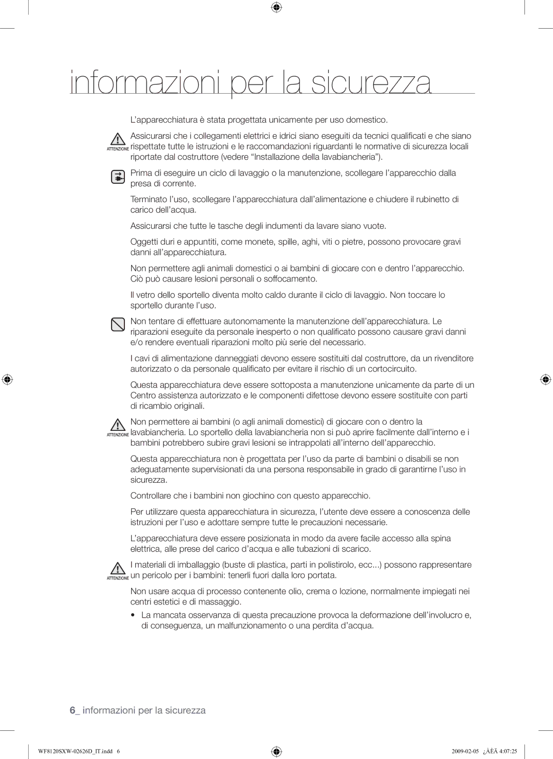 Samsung WF8120SXW/XET manual Informazioni per la sicurezza 