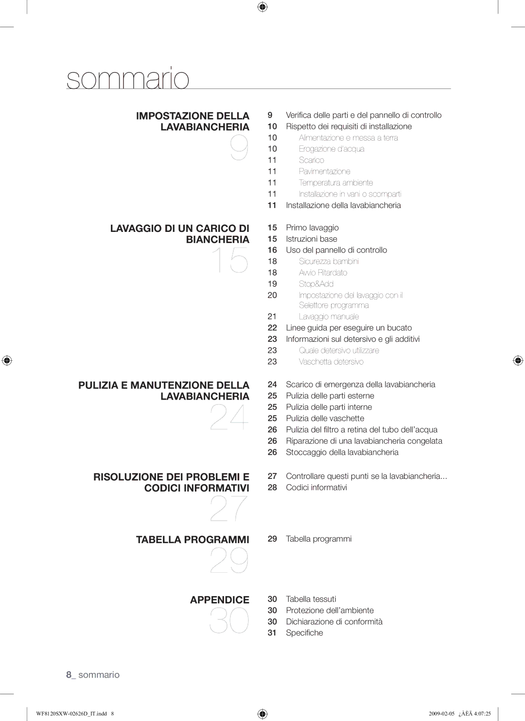 Samsung WF8120SXW/XET manual Sommario, Impostazione Della Lavabiancheria 