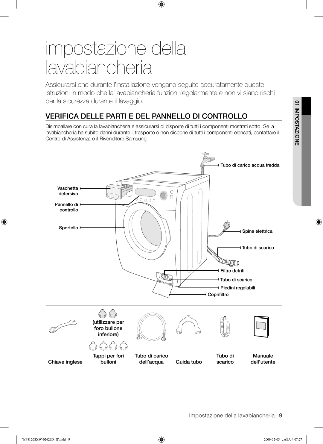 Samsung WF8120SXW/XET manual Impostazione della lavabiancheria, Verifica Delle Parti E DEL Pannello DI Controllo 