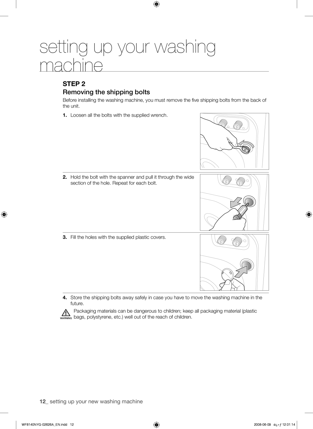 Samsung WF8140NYG/YL manual Removing the shipping bolts 