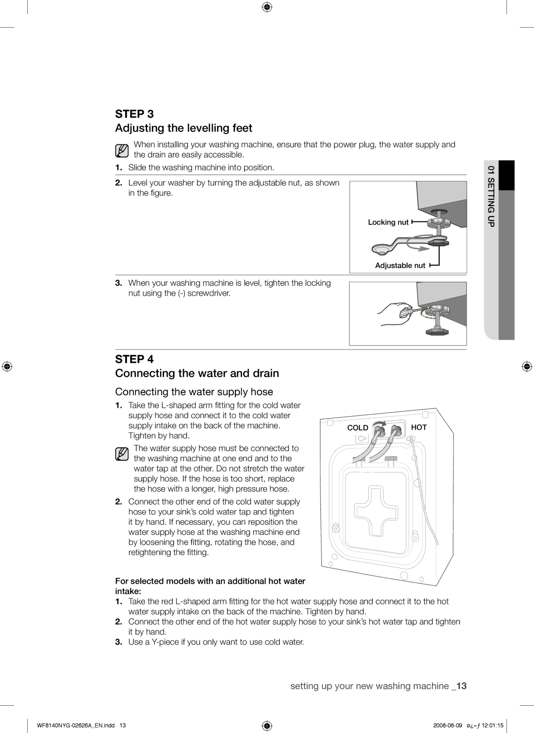 Samsung WF8140NYG/YL manual Adjusting the levelling feet, Connecting the water and drain, Tighten by hand 