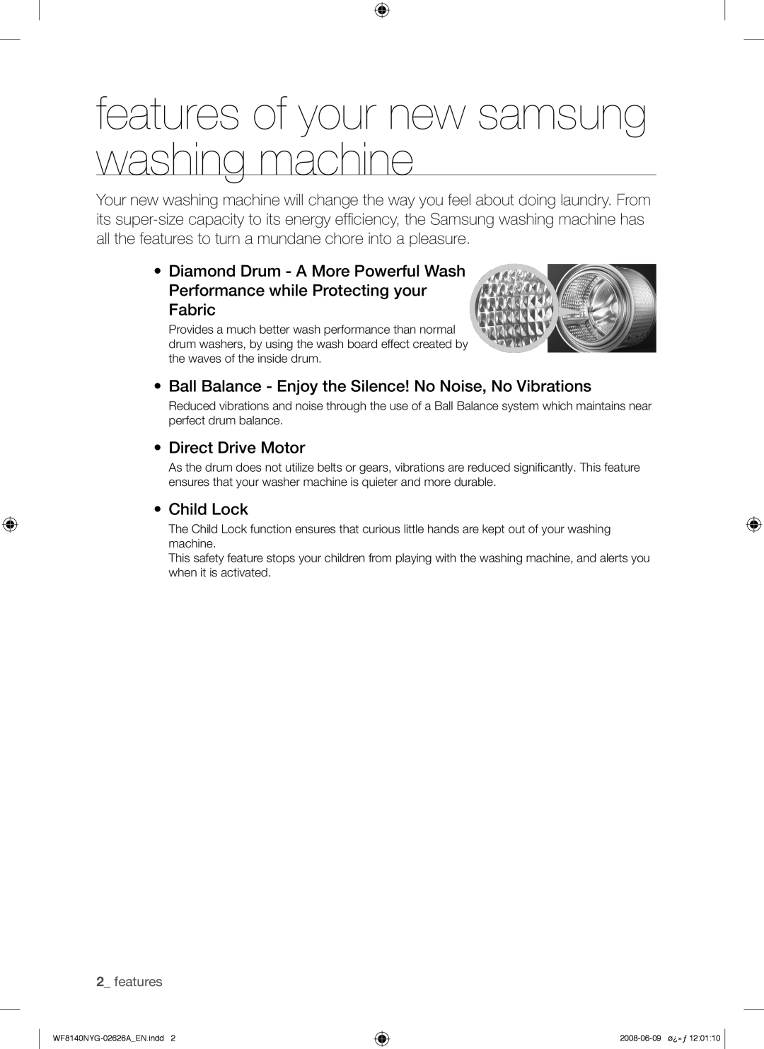 Samsung WF8140NYG/YL Features of your new samsung washing machine, Ball Balance Enjoy the Silence! No Noise, No Vibrations 