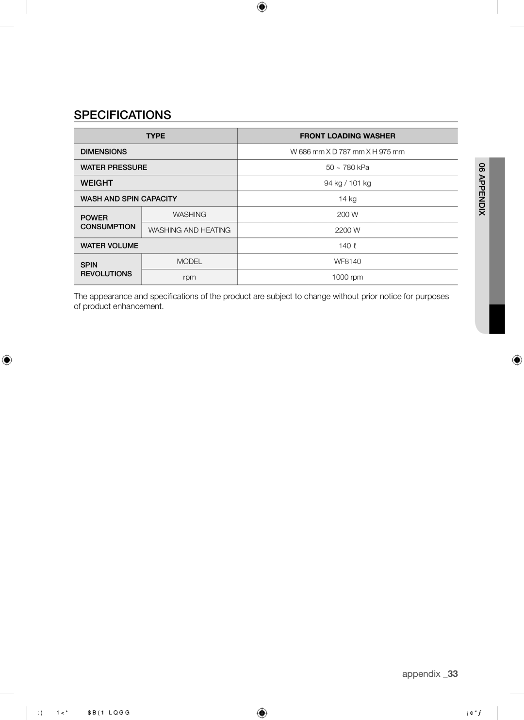 Samsung WF8140NYG/YL manual Specifications, Weight 