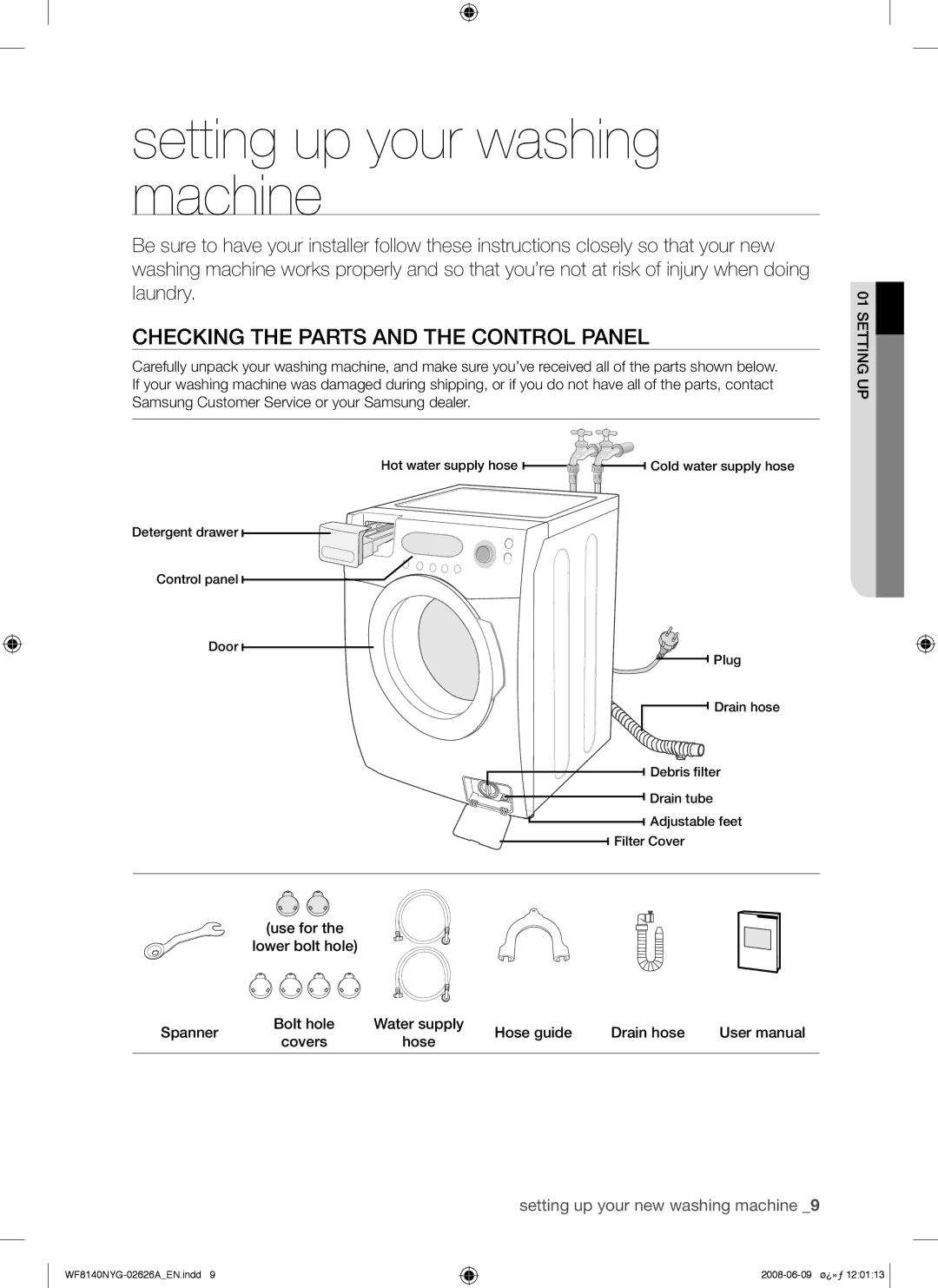 Samsung WF8140NYG/YL manual Setting up your washing machine, Checking the Parts and the Control Panel 