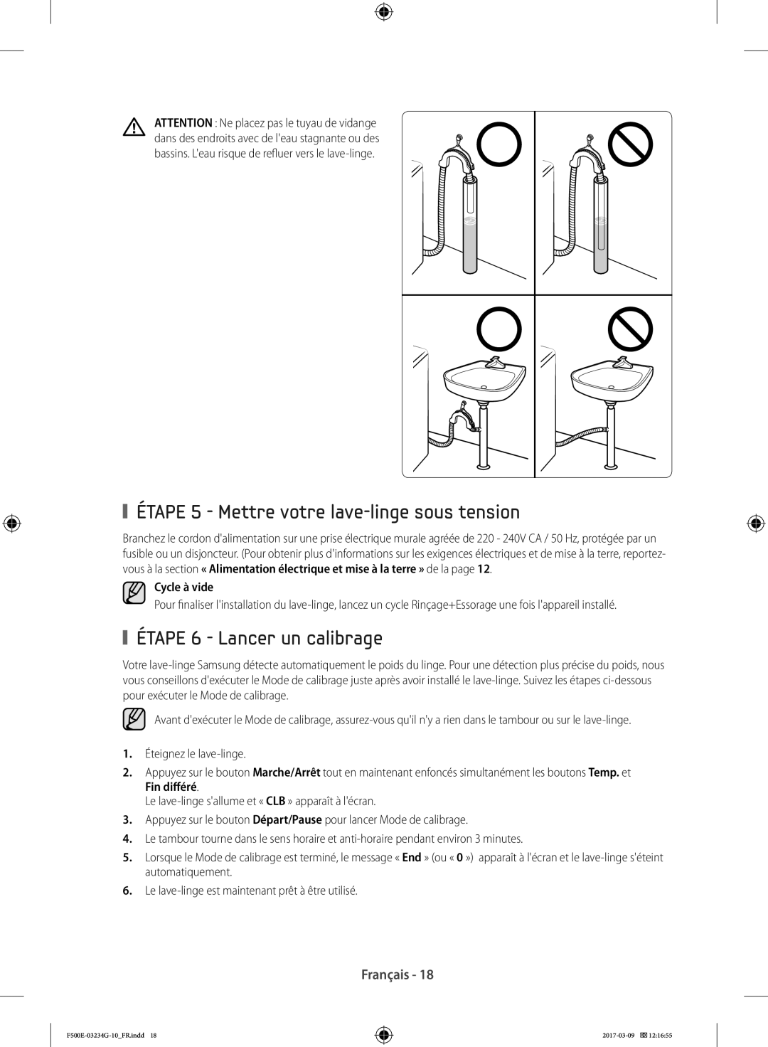 Samsung WF81F5E5P4W/EN manual Étape 5 Mettre votre lave-linge sous tension, Étape 6 Lancer un calibrage, Cycle à vide 