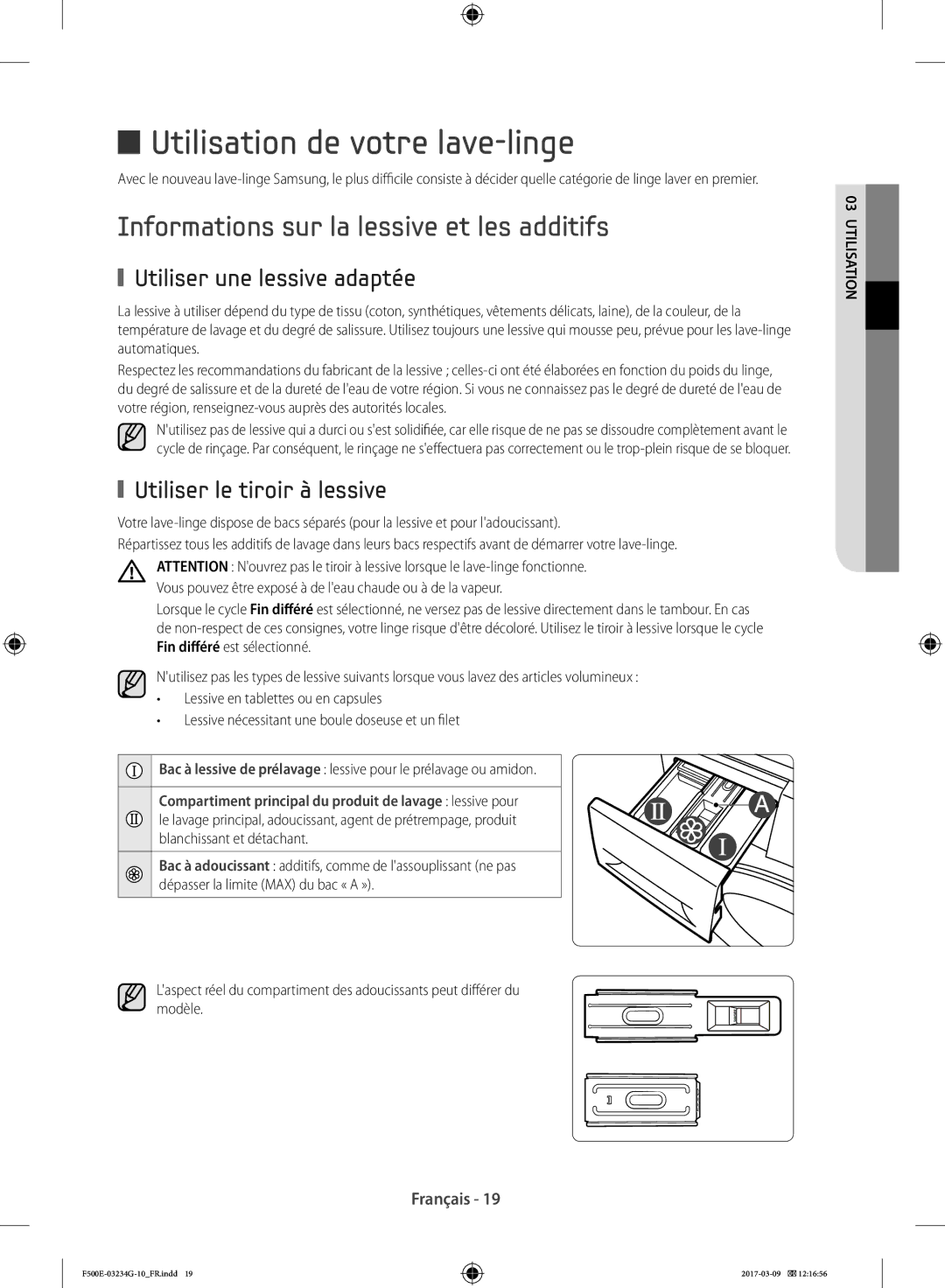 Samsung WF71F5E5P4W/EN, WF81F5E5P4W/EN manual Utilisation de votre lave-linge, Informations sur la lessive et les additifs 