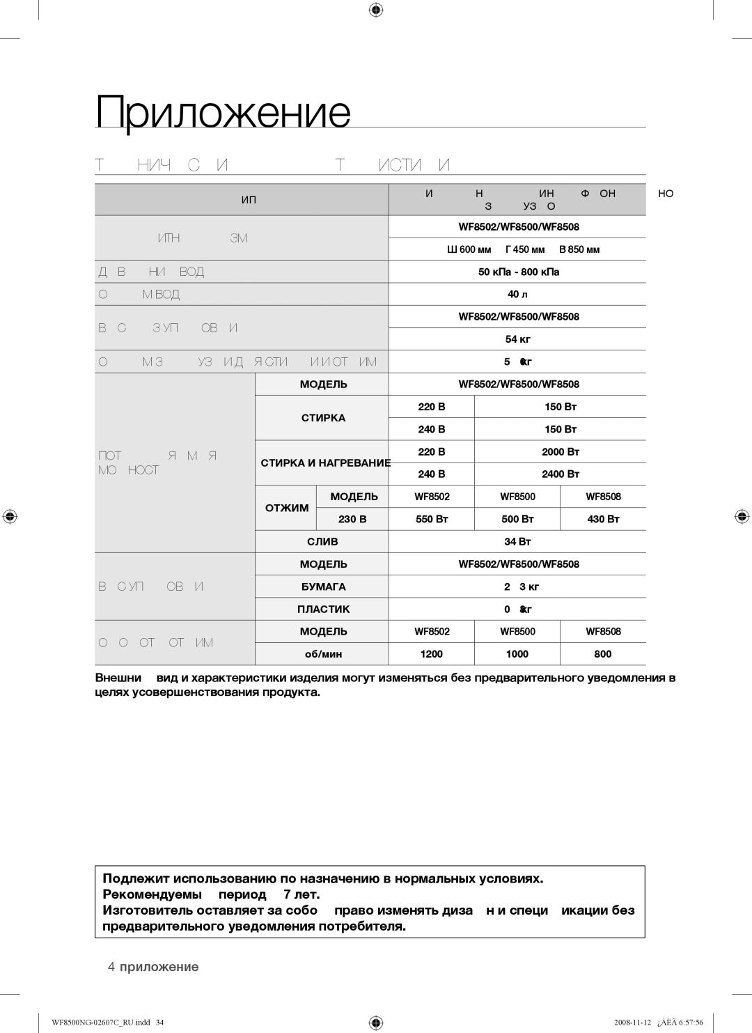 Samsung WF8500NGW/YLP manual 34 приложение, Обороты Отжима 