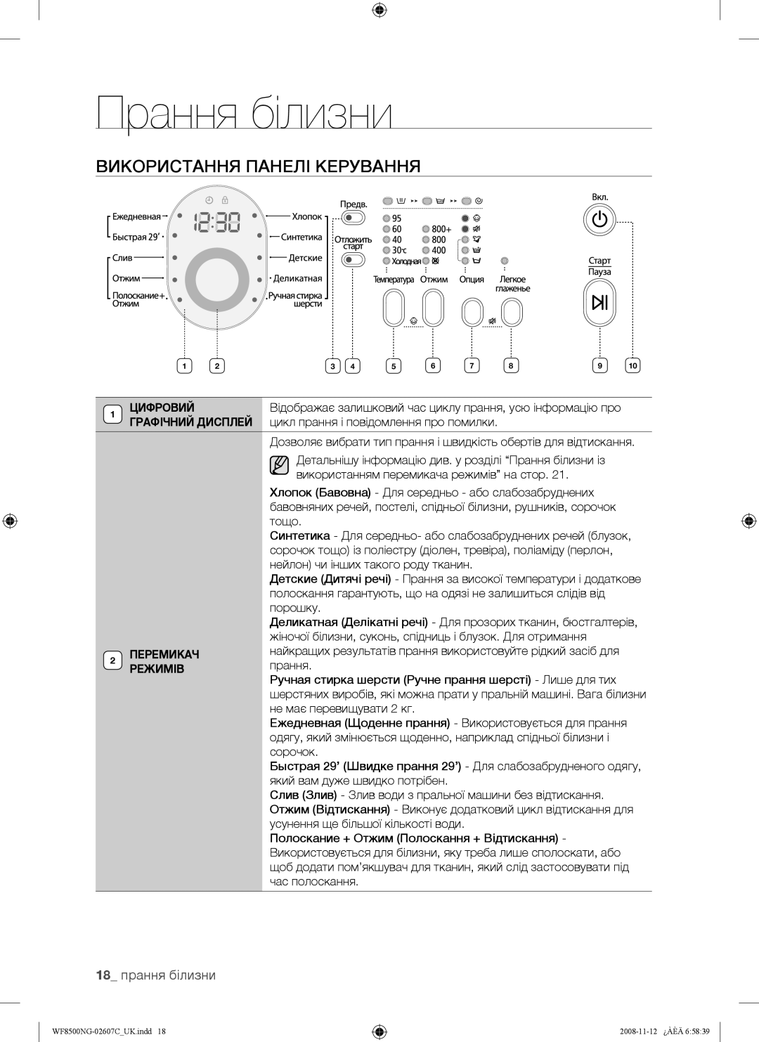 Samsung WF8500NGW/YLP manual Використання Панелі Керування, 18 прання білизни, Цифровий, Перемикач, Режимів 