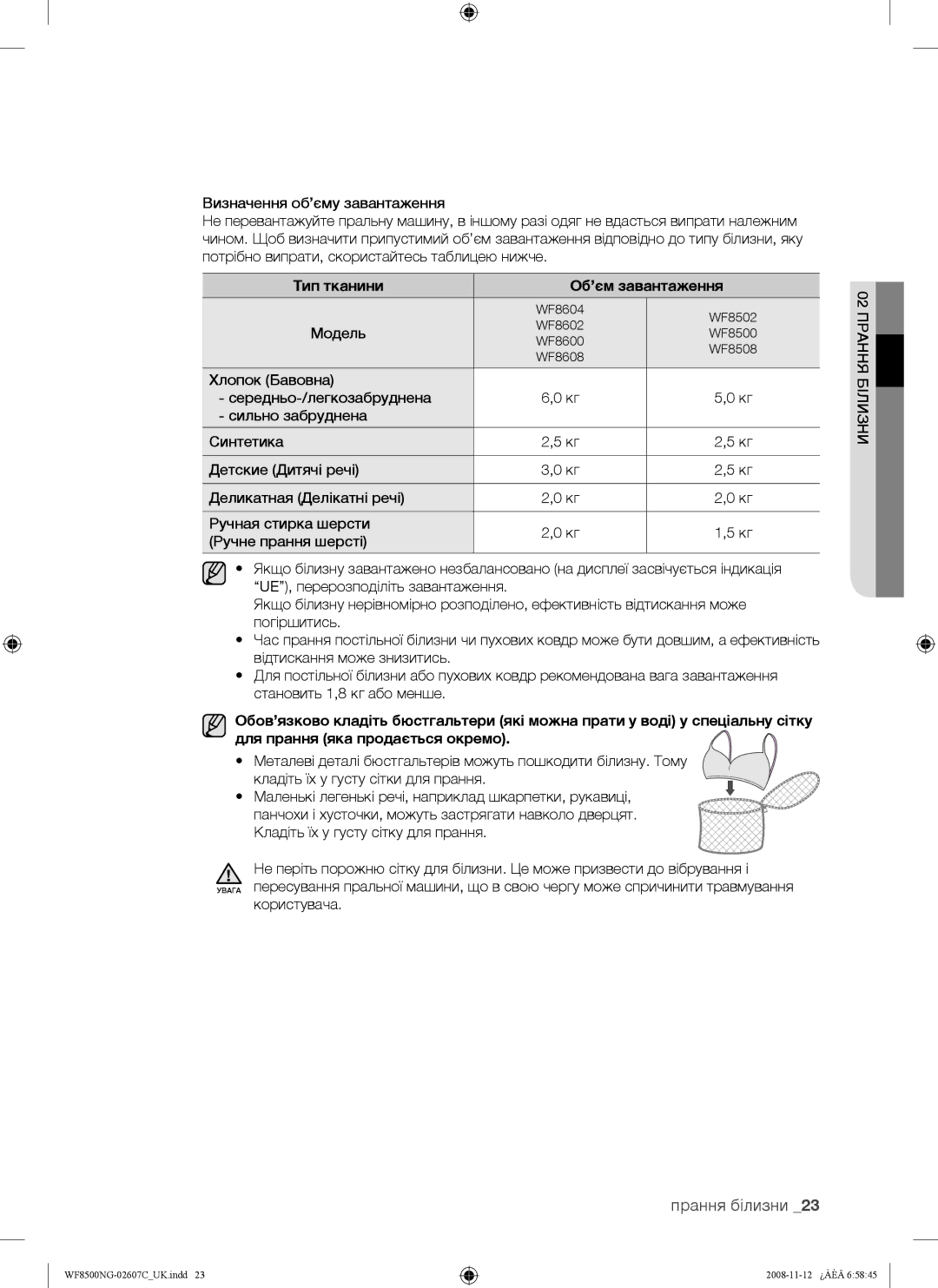 Samsung WF8500NGW/YLP manual Тип тканини Об’єм завантаження 