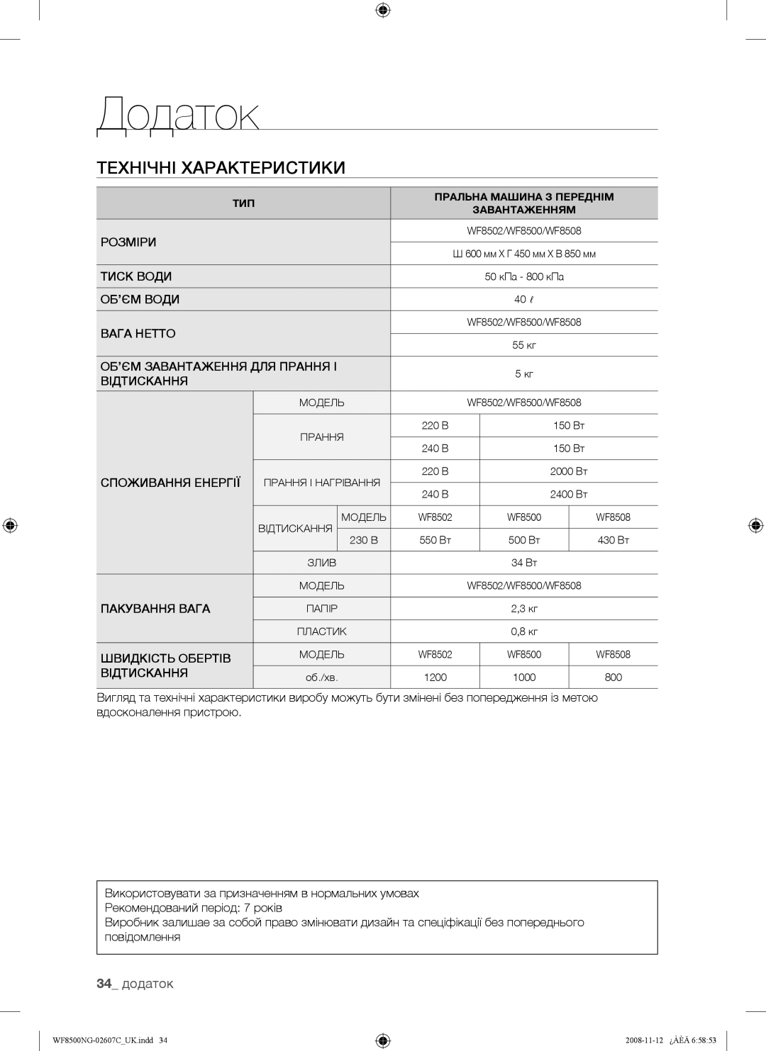 Samsung WF8500NGW/YLP manual 34 додаток 