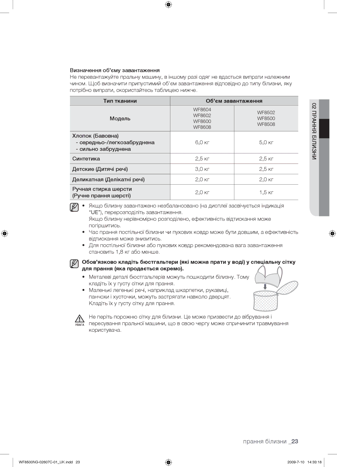 Samsung WF8500NGY/YLP manual Тип тканини Об’єм завантаження 