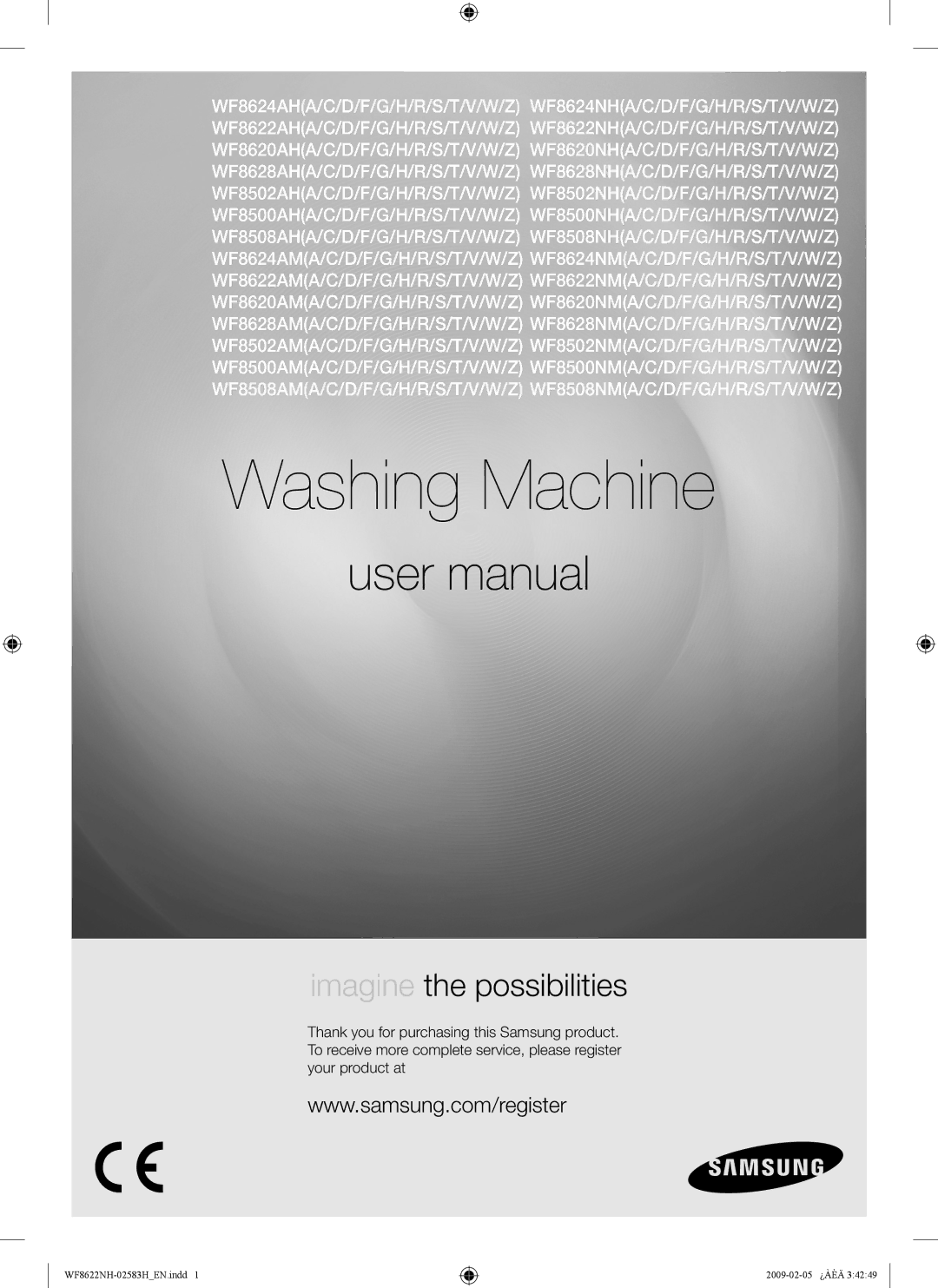 Samsung WF8622NHW/YLE, WF8500NHW/YLP, WF8620NHW/YLE, WF9702N3C/YLE, WF8500NMW/YLE, WF8508NMW/YLE manual Washing Machine 