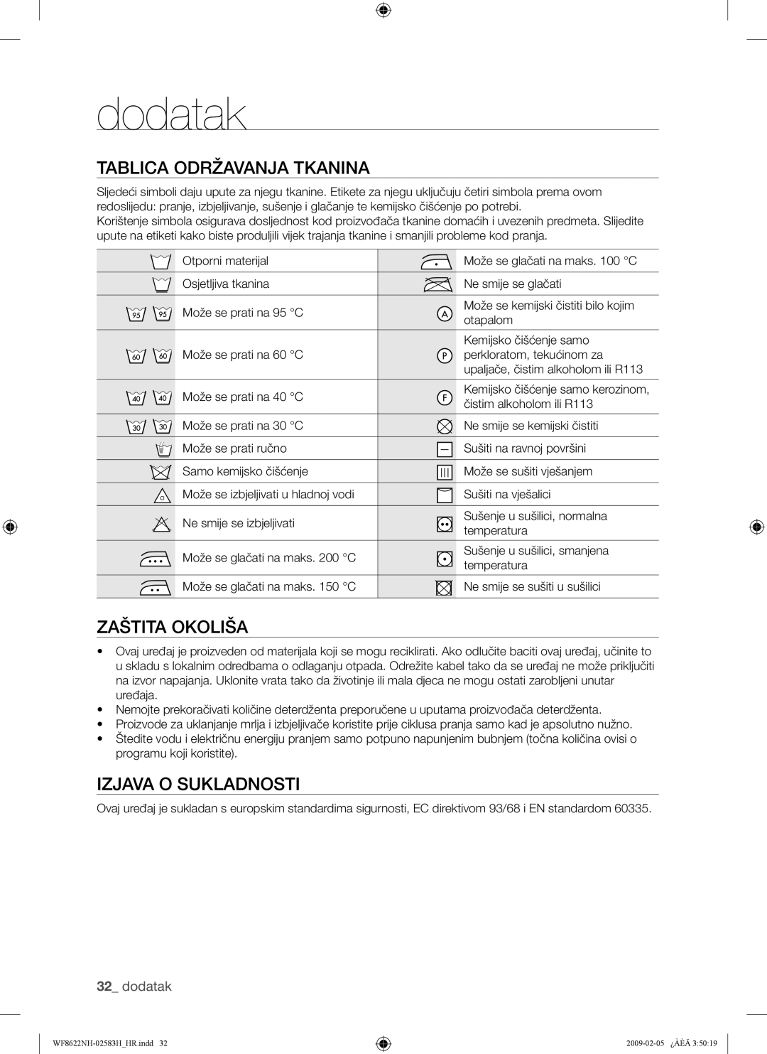 Samsung WF8500NHW/YLP, WF8622NHW/YLE manual Dodatak, Tablica Održavanja Tkanina, Zaštita Okoliša, Izjava O Sukladnosti 