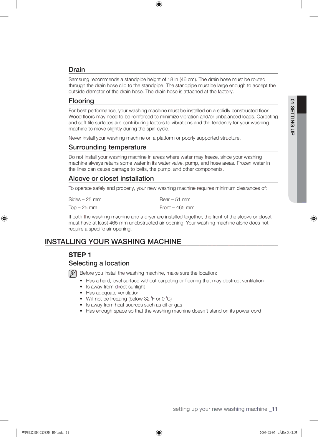 Samsung WF9702N3C/YLE, WF8500NHW/YLP, WF8622NHW/YLE, WF8620NHW/YLE, WF8500NMW/YLE manual Installing Your Washing Machine 