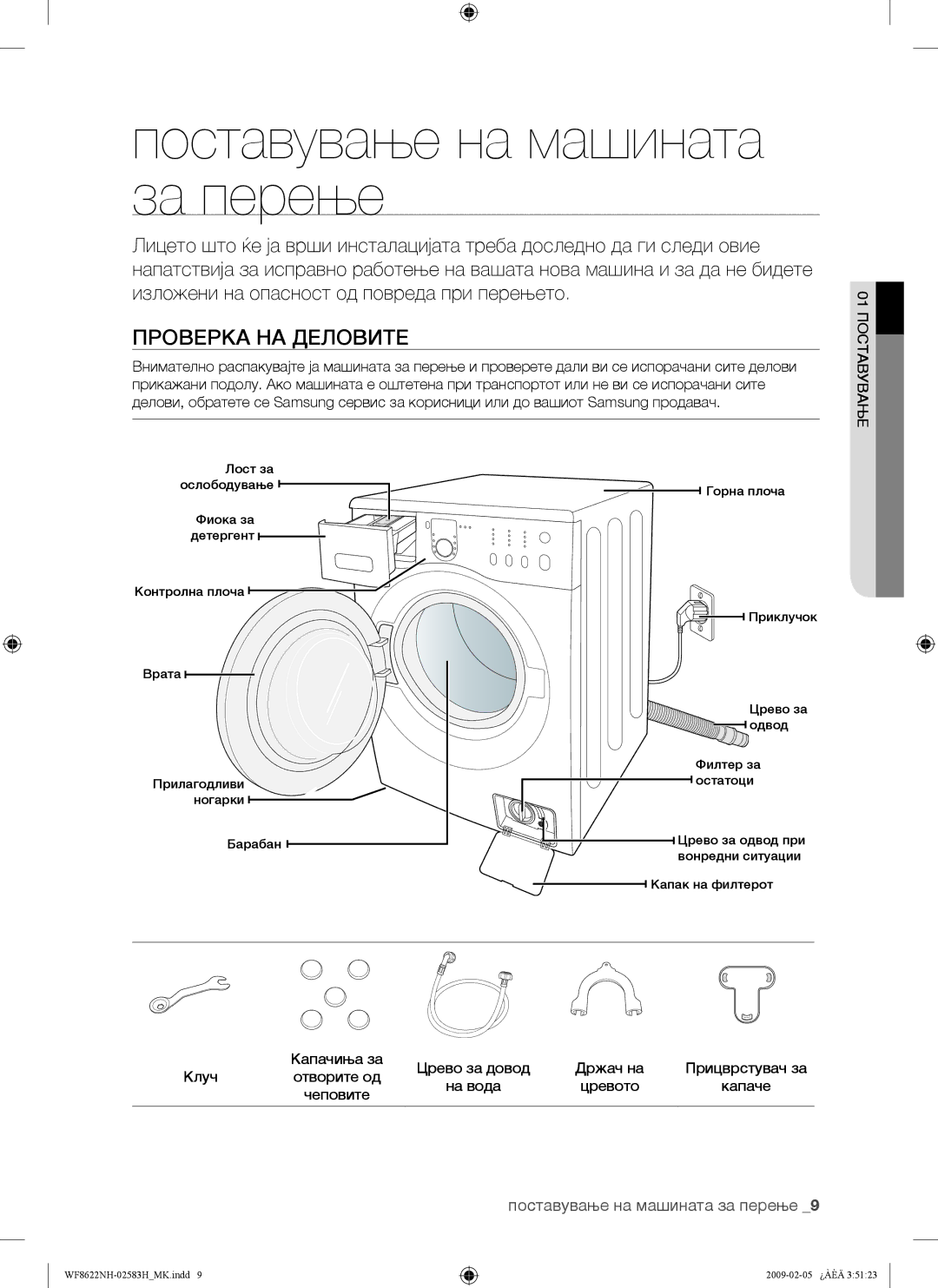 Samsung WF8508NMW/YLE, WF8500NHW/YLP, WF8622NHW/YLE Поставување на машината за перење, Проверка НА Деловите, 01 Поставување 