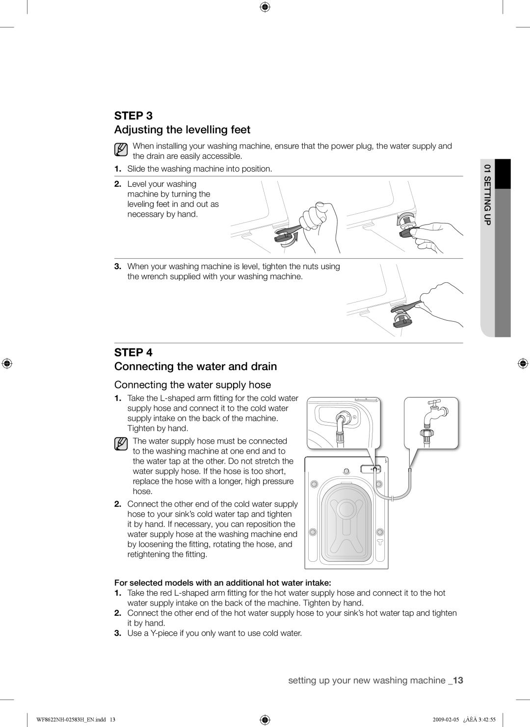 Samsung WF8508NMW/YLE manual Adjusting the levelling feet, Connecting the water and drain, Connecting the water supply hose 