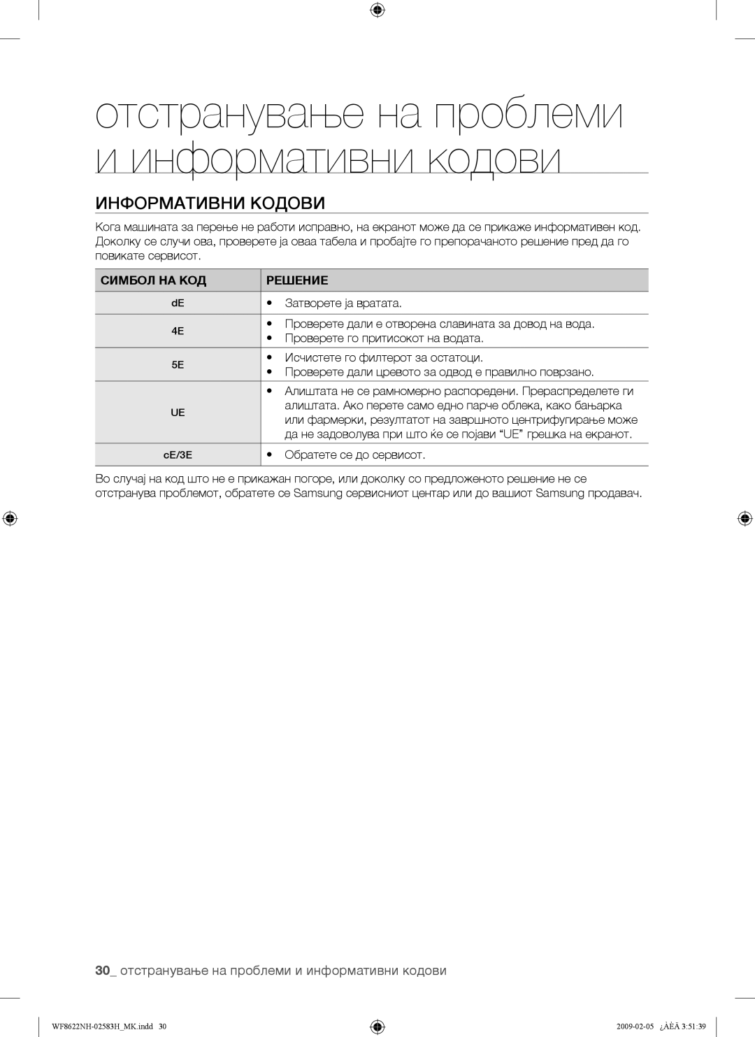 Samsung WF8620NHW/YLE manual Информативни Кодови, 30 отстранување на проблеми и информативни кодови, Симбол НА КОД Решение 