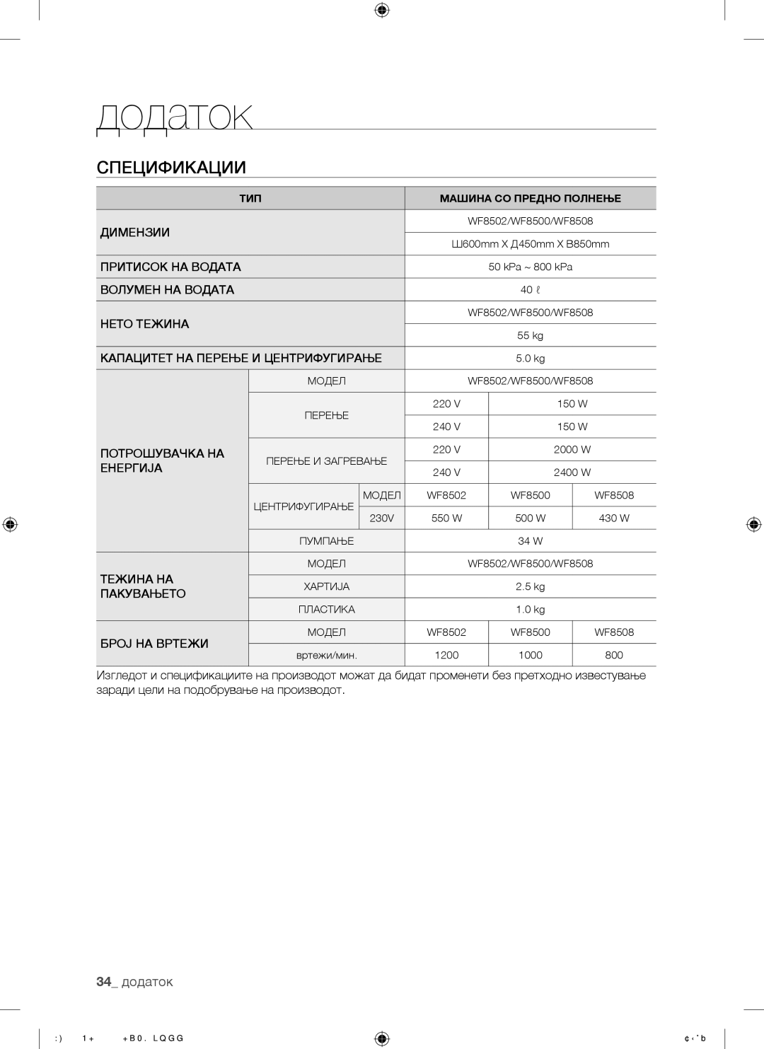 Samsung WF8508NMW/XEH, WF8500NHW/YLP, WF8622NHW/YLE, WF8620NHW/YLE, WF9702N3C/YLE manual 34 додаток, Потрошувачка НА, Енергија 