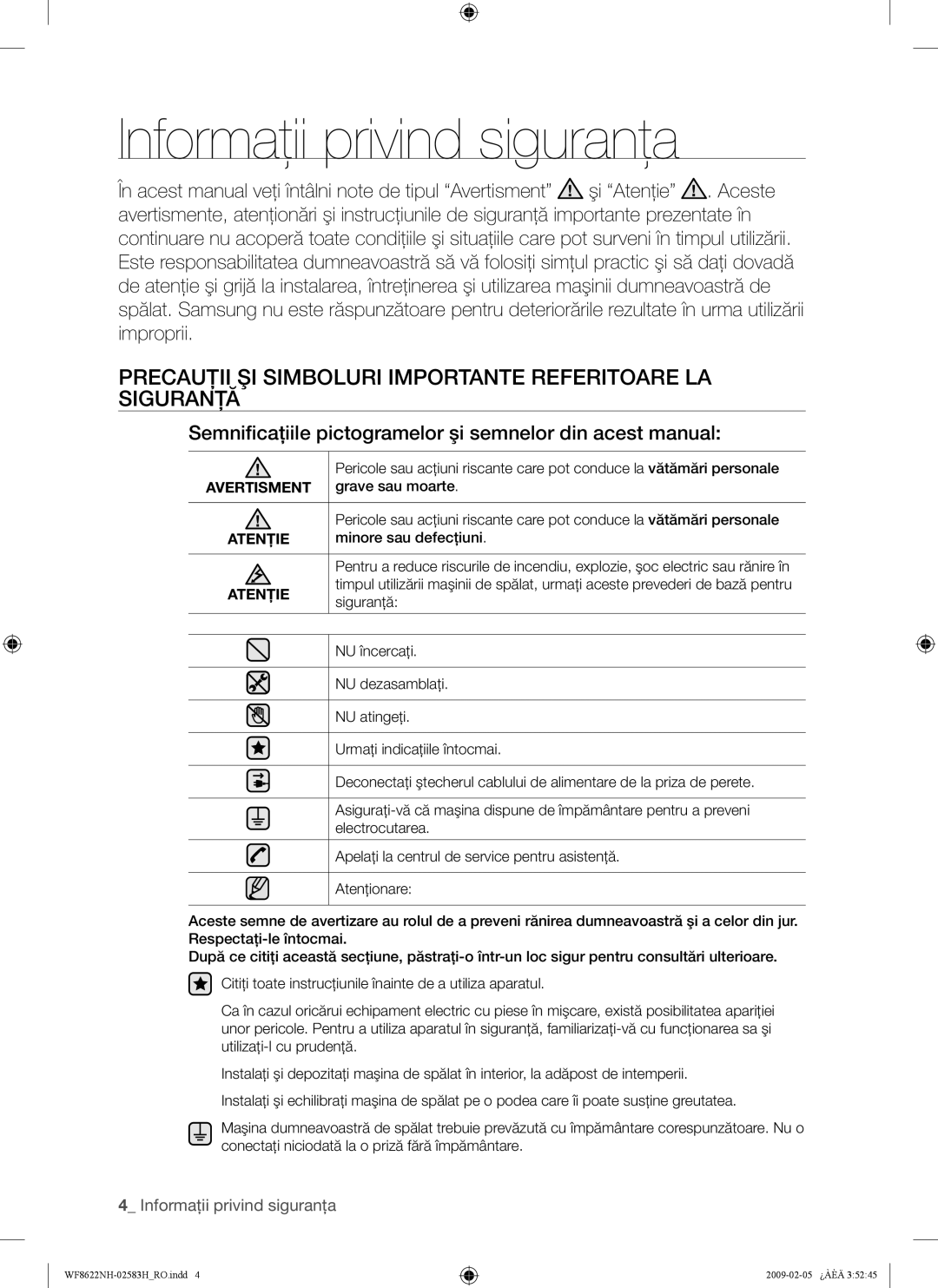 Samsung WF8500NMW/YLE manual Informaţii privind siguranţa, Precauţii ŞI Simboluri Importante Referitoare LA Siguranţă 