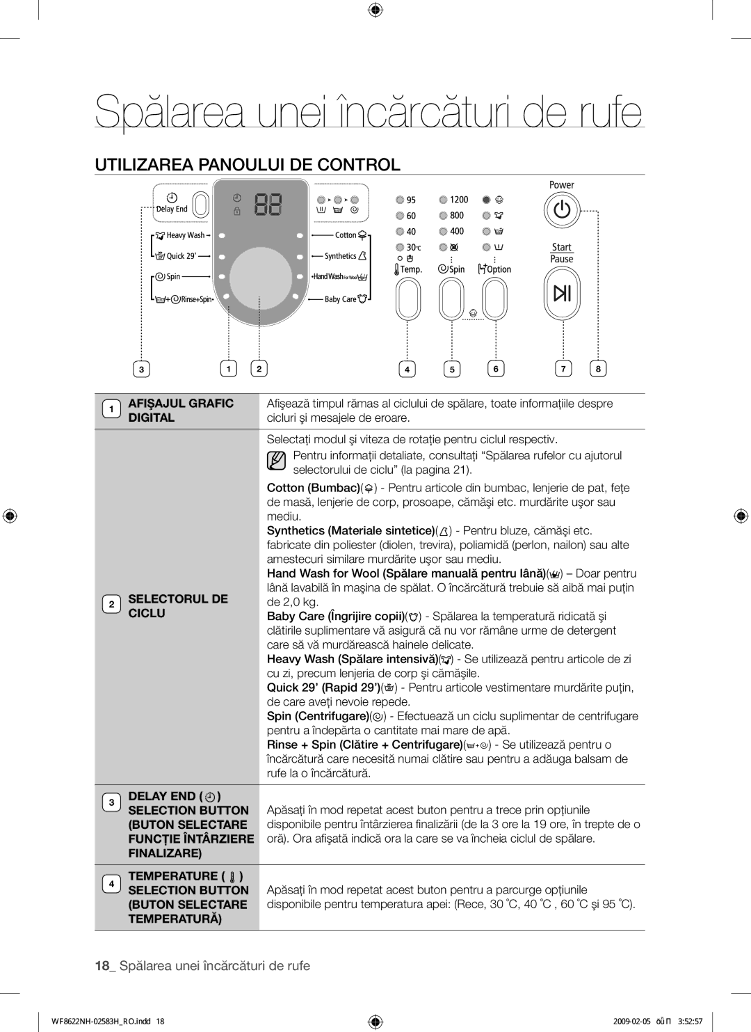 Samsung WF8620NHW/YLE, WF8500NHW/YLP, WF8622NHW/YLE manual Spălarea unei încărcături de rufe, Utilizarea Panoului DE Control 