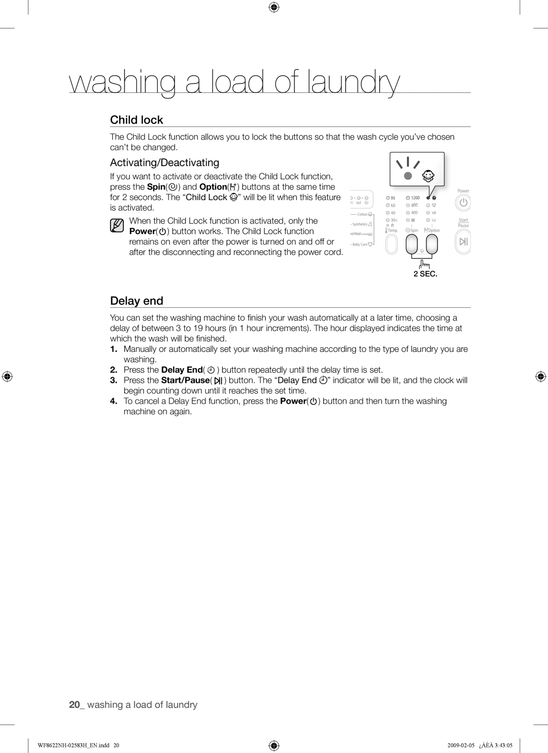 Samsung WF8500NMW/YLE, WF8500NHW/YLP, WF8622NHW/YLE, WF8620NHW/YLE, WF9702N3C/YLE manual Child lock, Activating/Deactivating 