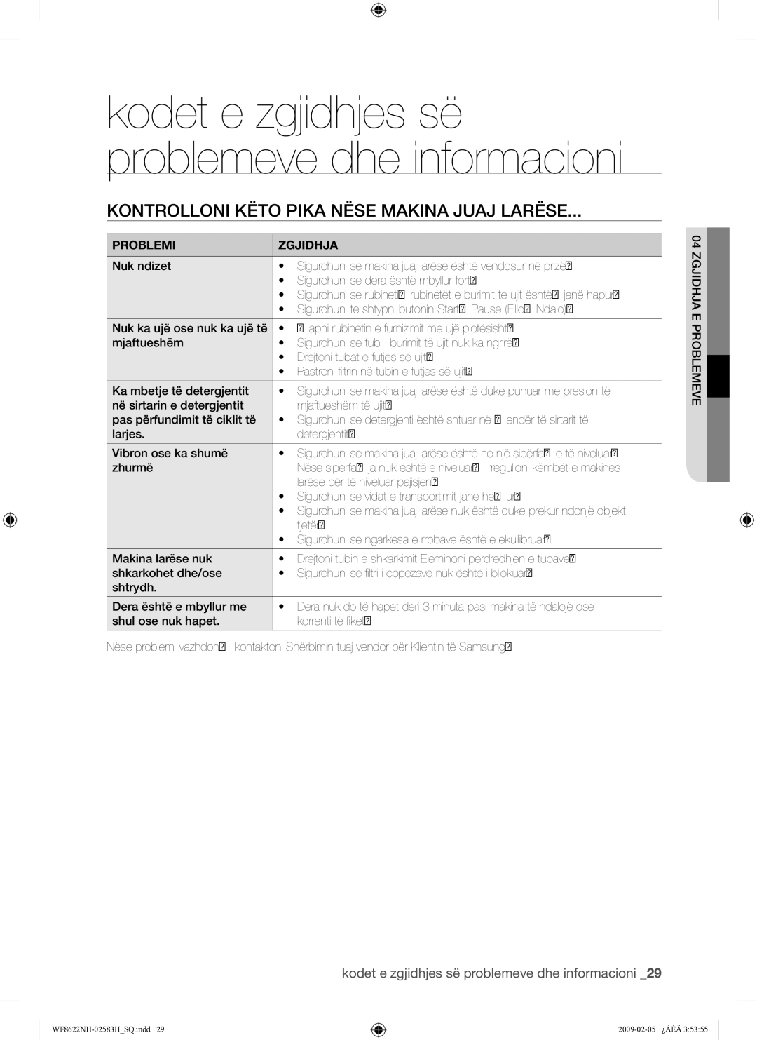 Samsung WF8622NHW/YLE Kontrolloni Këto Pika Nëse Makina Juaj Larëse, Kodet e zgjidhjes së problemeve dhe informacioni 
