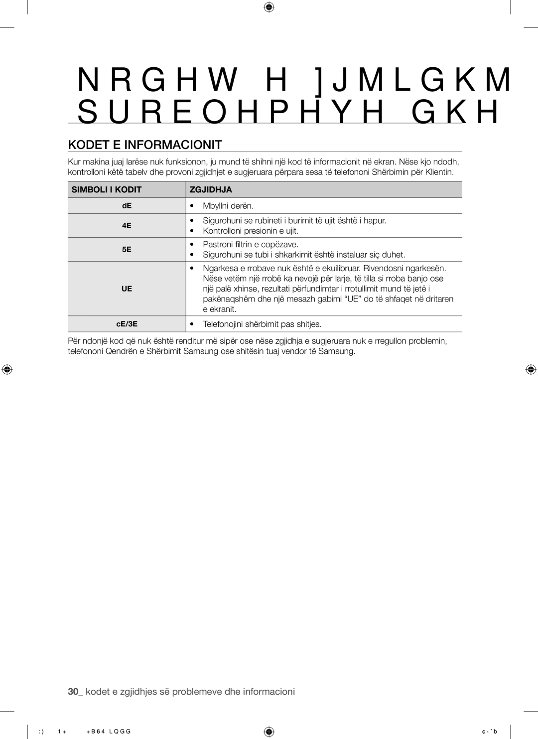 Samsung WF8620NHW/YLE, WF8500NHW/YLP, WF8622NHW/YLE, WF9702N3C/YLE manual Kodet E Informacionit, Simboli I Kodit Zgjidhja 