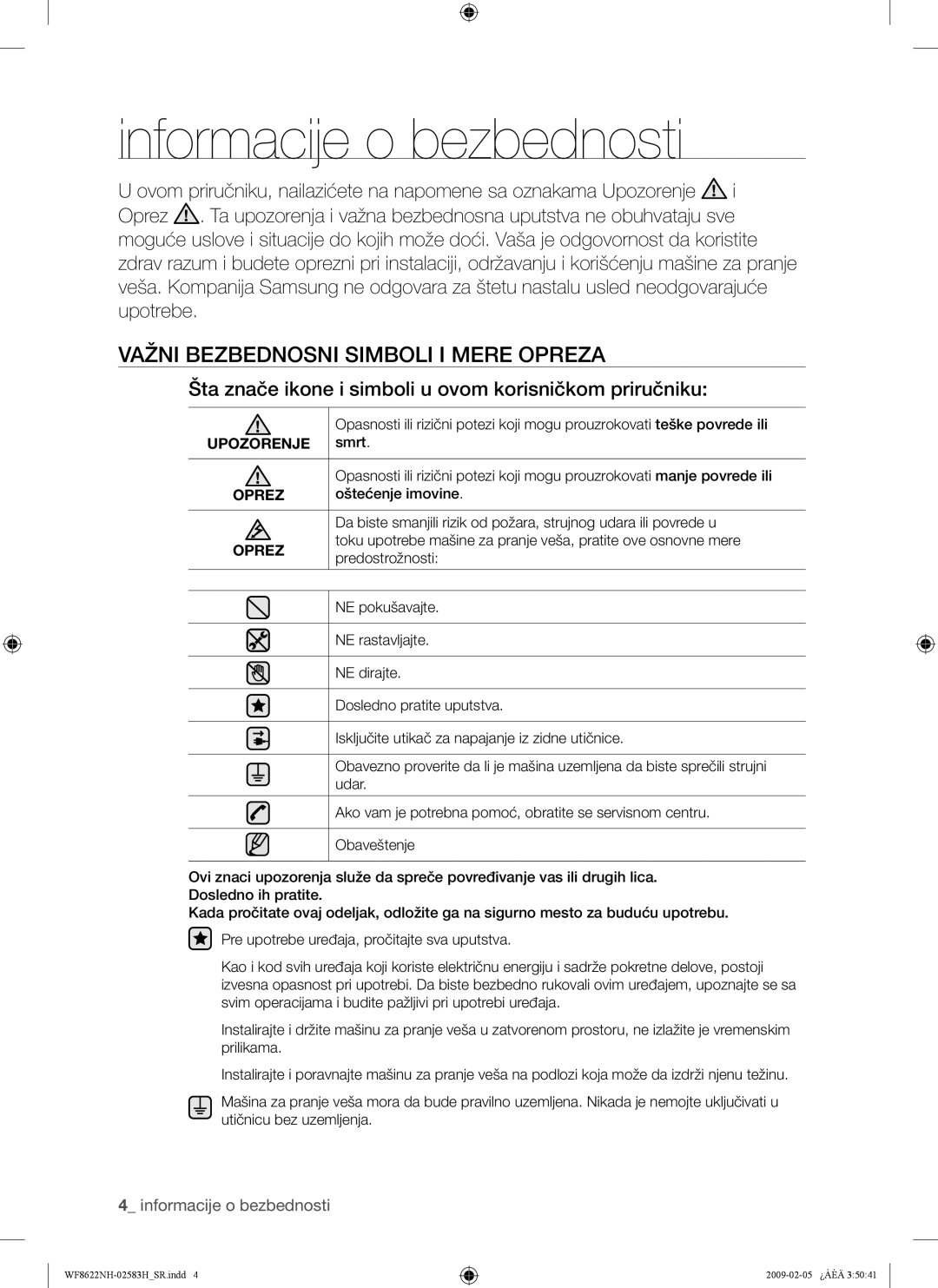 Samsung WF8500NMW/YLE, WF8500NHW/YLP manual Informacije o bezbednosti, Važni Bezbednosni Simboli I Mere Opreza, Upozorenje 