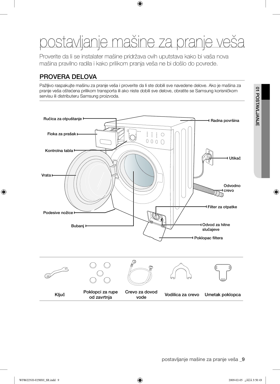 Samsung WF8622NHW/YLE, WF8500NHW/YLP, WF8620NHW/YLE, WF9702N3C/YLE manual Provera Delova, Postavljanje mašine za pranje veša 