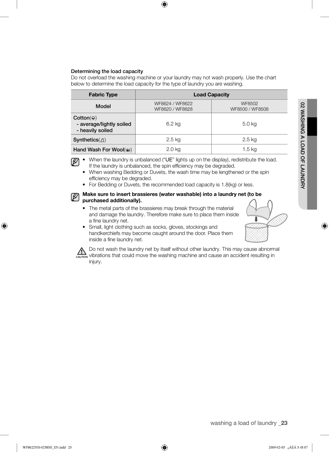 Samsung WF8500NHW/YLE, WF8500NHW/YLP, WF8622NHW/YLE, WF8620NHW/YLE manual Fabric Type Load Capacity, Model, ﬁne laundry net 