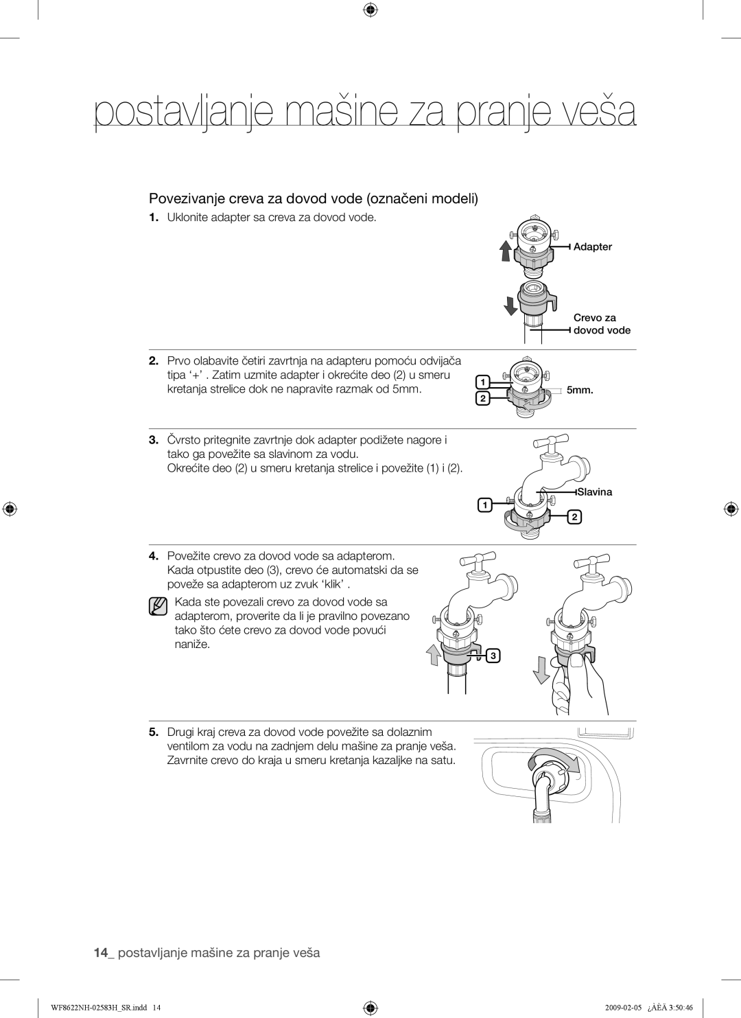 Samsung WF8508NMW/XEH manual Povezivanje creva za dovod vode označeni modeli, Uklonite adapter sa creva za dovod vode 