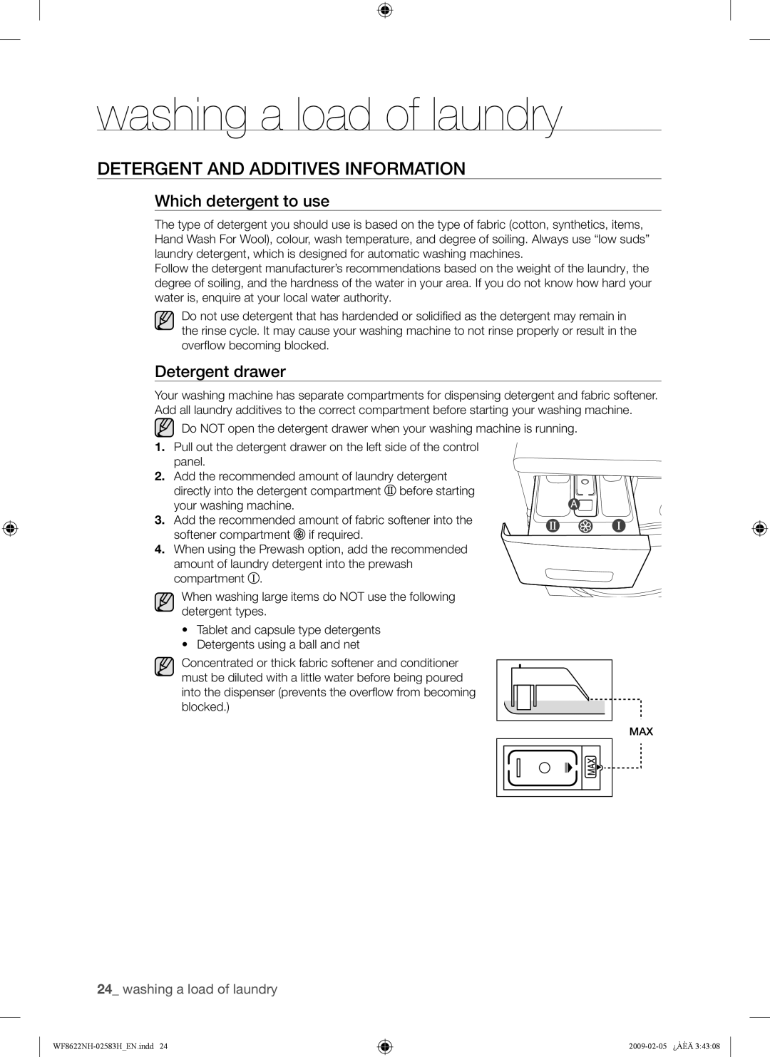 Samsung WF8500NHW/YLP, WF8622NHW/YLE manual Detergent and Additives Information, Which detergent to use, Detergent drawer 