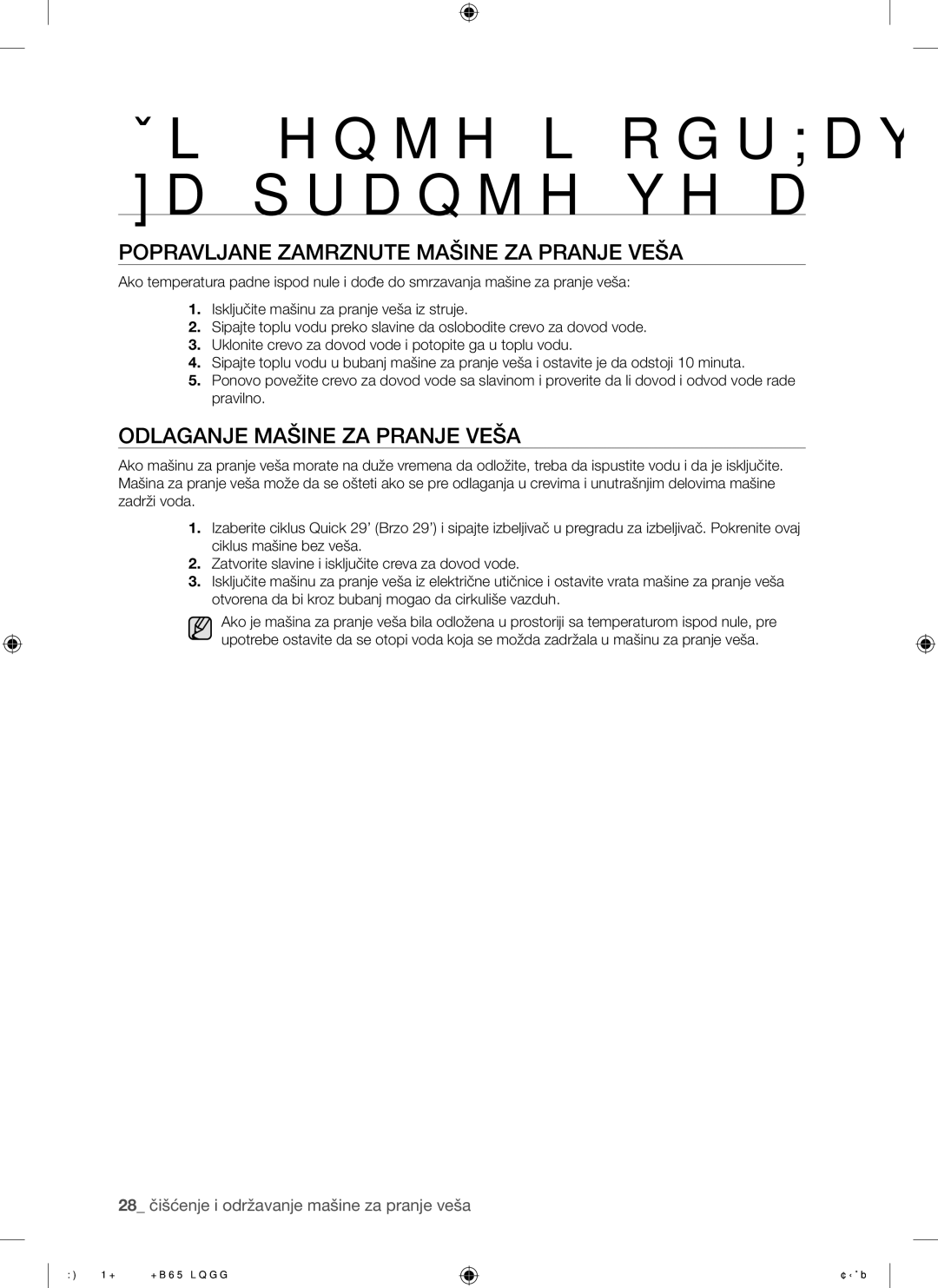 Samsung WF8500NMW/YLE, WF8500NHW/YLP manual Popravljane Zamrznute Mašine ZA Pranje Veša, Odlaganje Mašine ZA Pranje Veša 